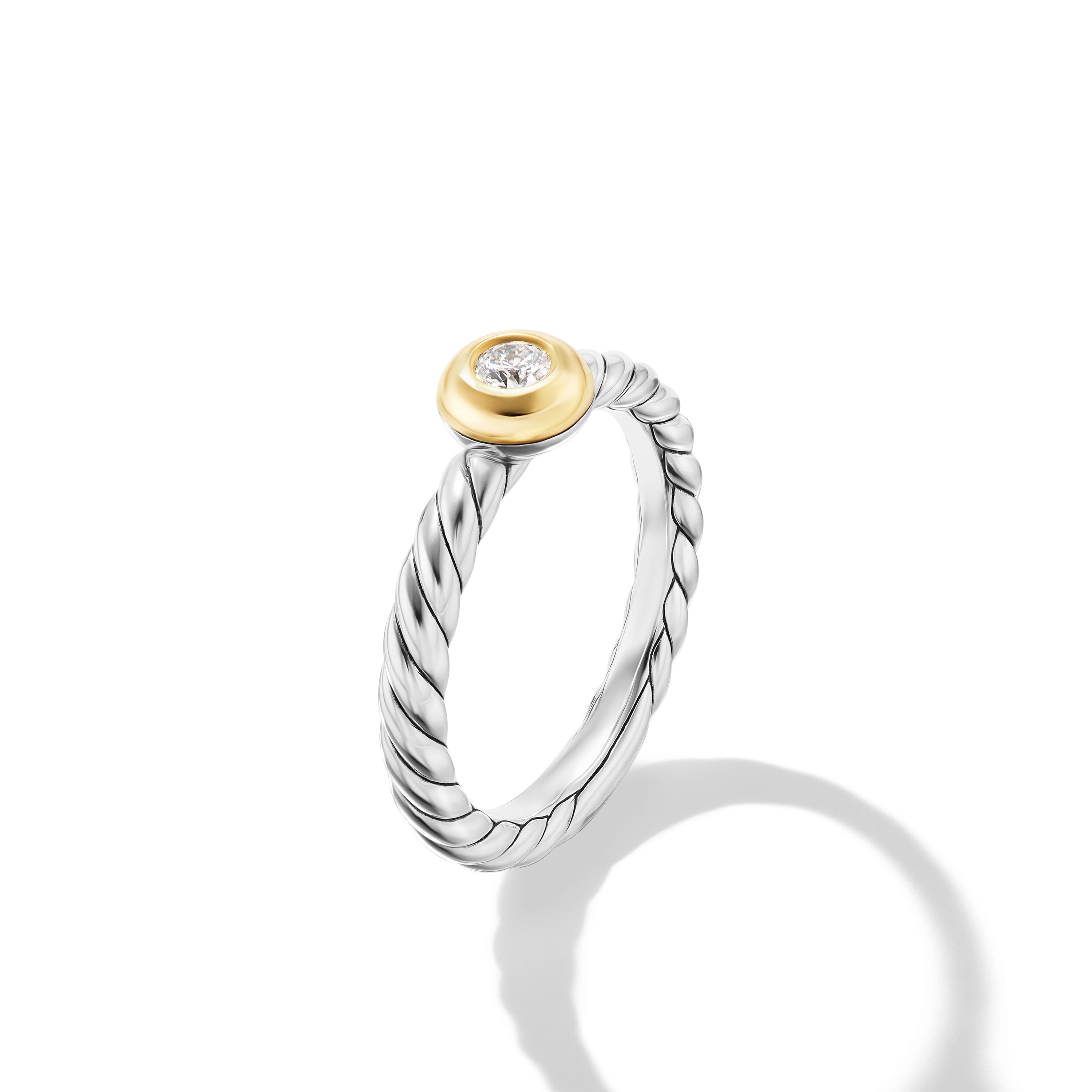 David Yurman Petite Cable Ring in Sterling Silver with 14K Yellow Gold and Diamond, Size 7 1