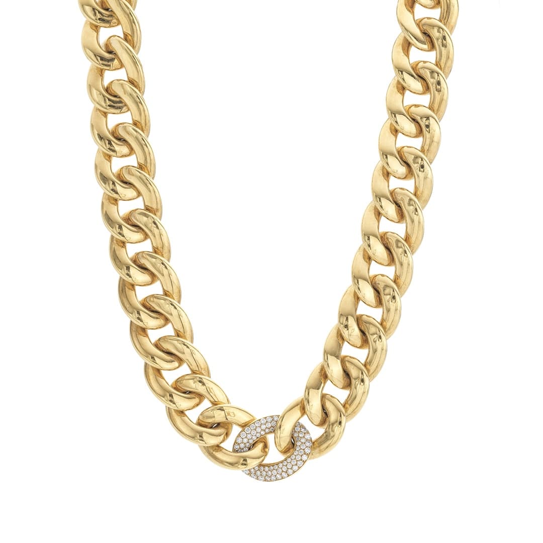 Yellow Gold & Diamond Satin Finish Curb Chain Link Necklace