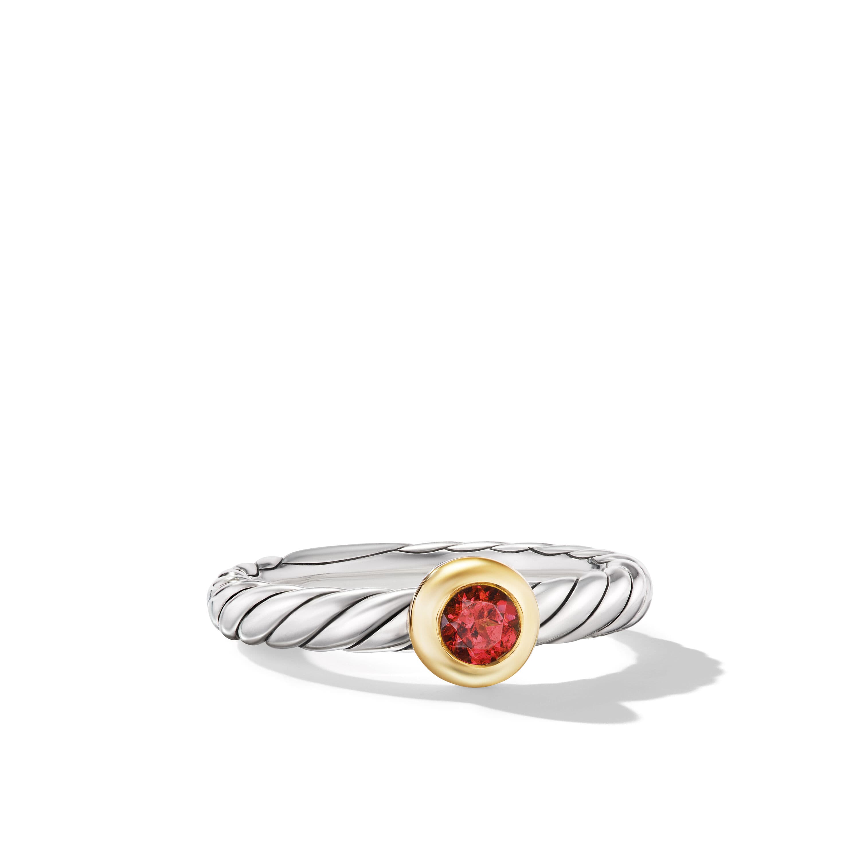 David Yurman Petite Cable Ring in Sterling Silver with 14K Yellow Gold and Garnet, Size 7