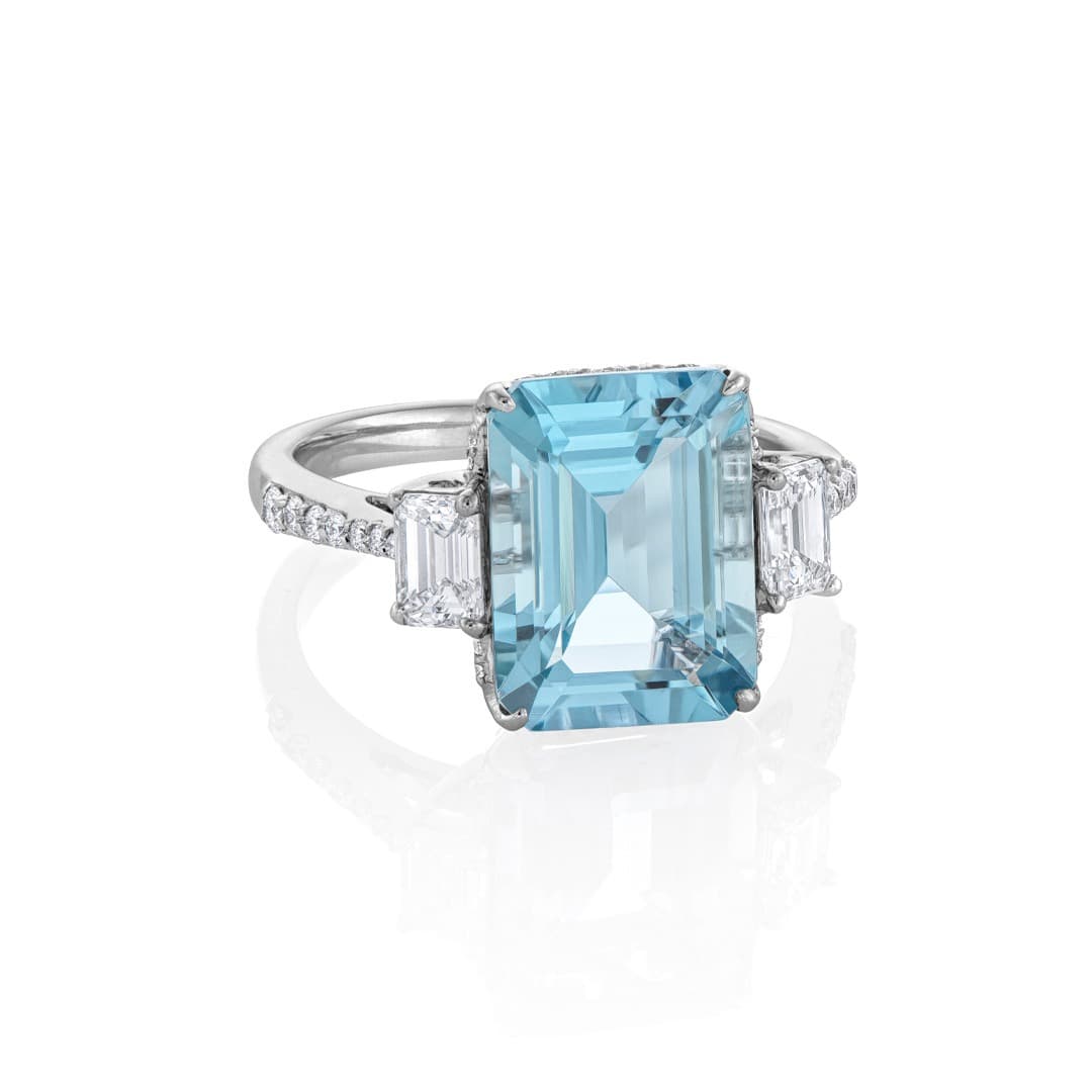 4.37 CT Emerald Cut Aquamarine and Diamond Ring 1