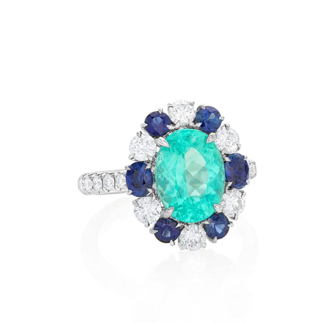 2.72 CT Oval Paraiba Tourmaline Ring with Sapphires and Diamonds 1