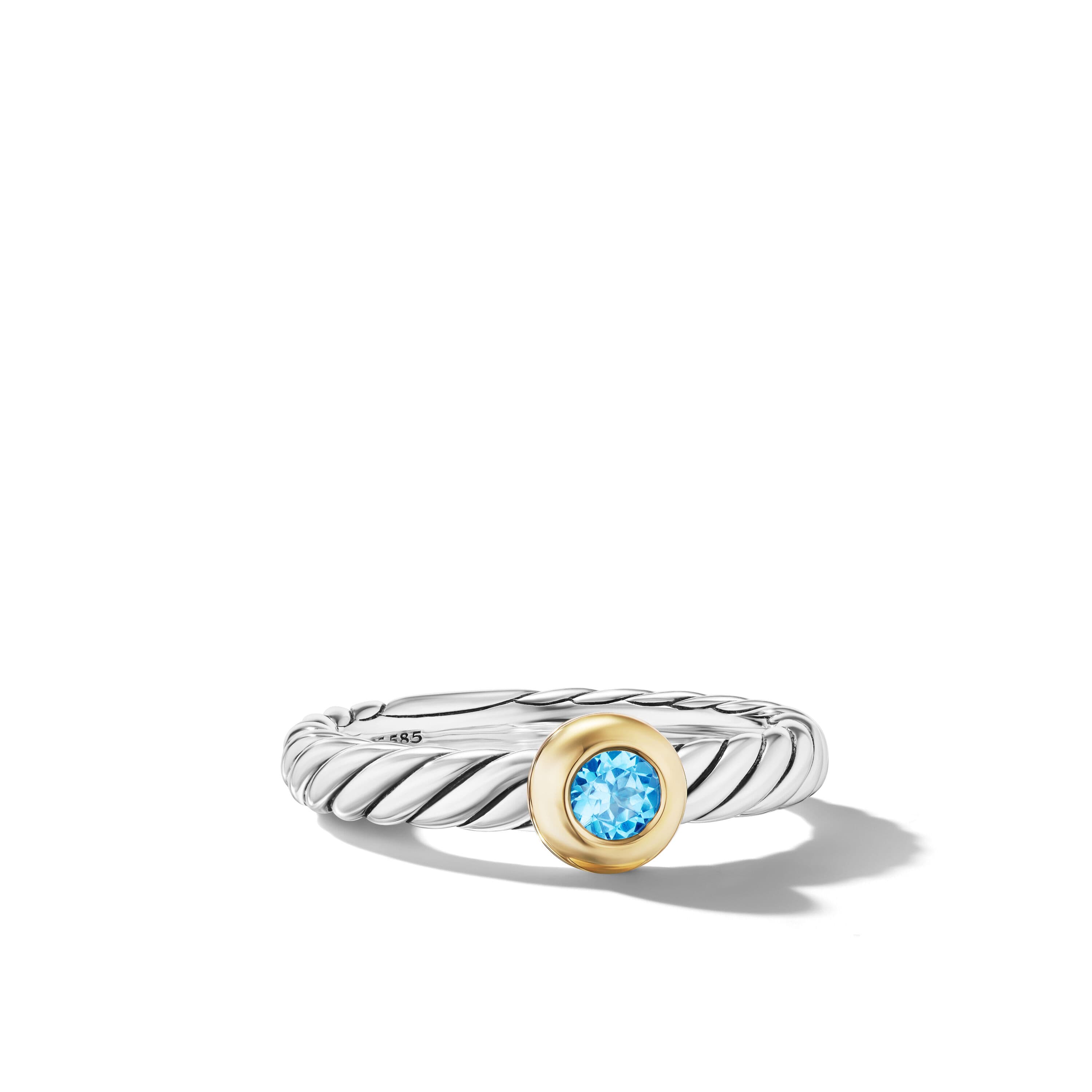David Yurman Petite Cable Ring in Sterling Silver with 14K Yellow Gold and Blue Topaz, Size 7