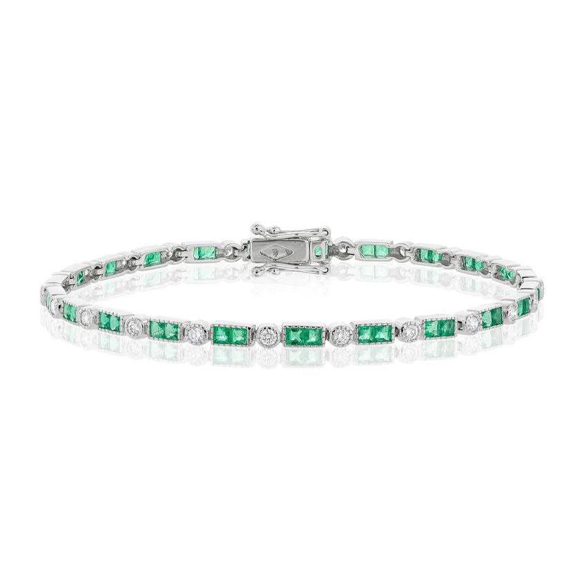 White Gold Square Emerald & Round Diamond Bracelet 0