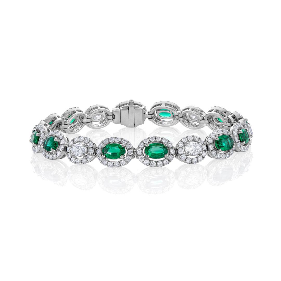 Oval Emerald and Diamond Halo Link Bracelet
