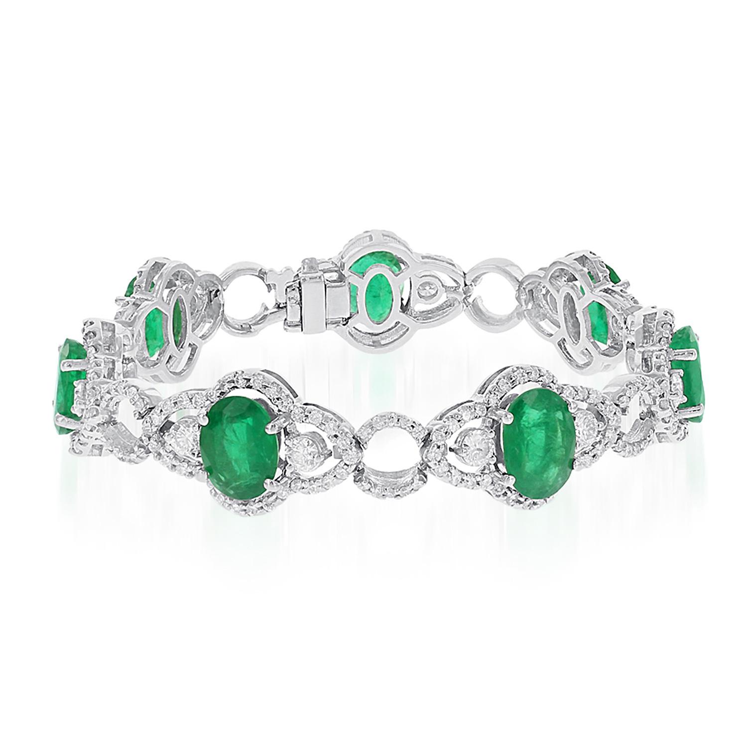 Open Link Oval Emerald and Diamond White Gold Bracelet