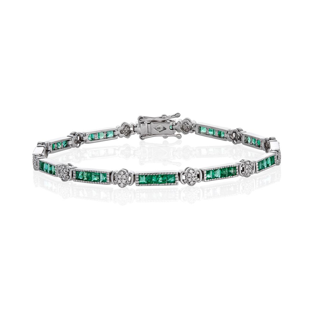 Emerald and Diamond White Gold Link Bracelet