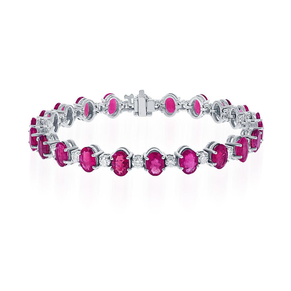 Oval Ruby and Round Diamond Line Bracelet in 18k White Gold