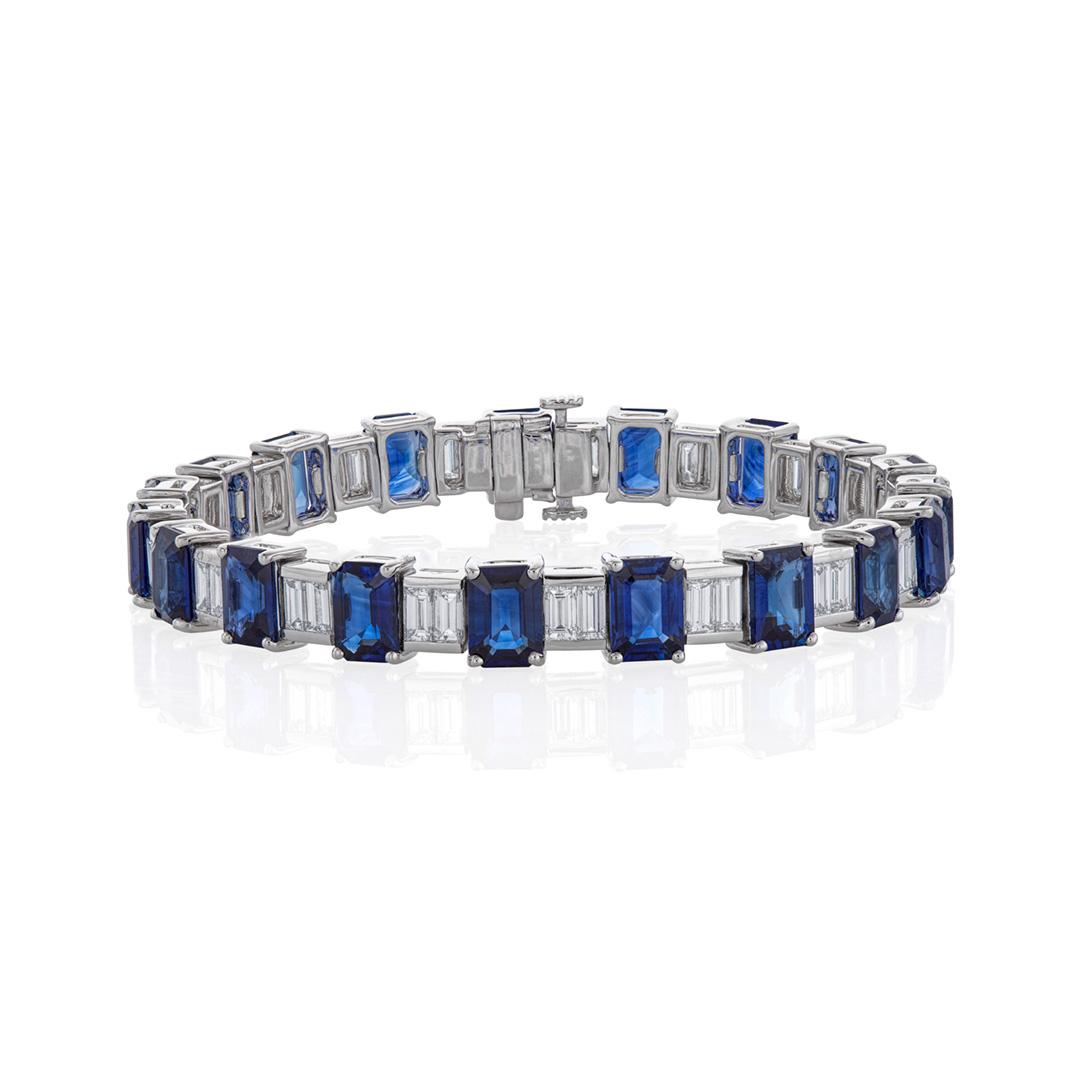 Platinum Diamond and Emerald-Cut Blue Sapphire Bracelet