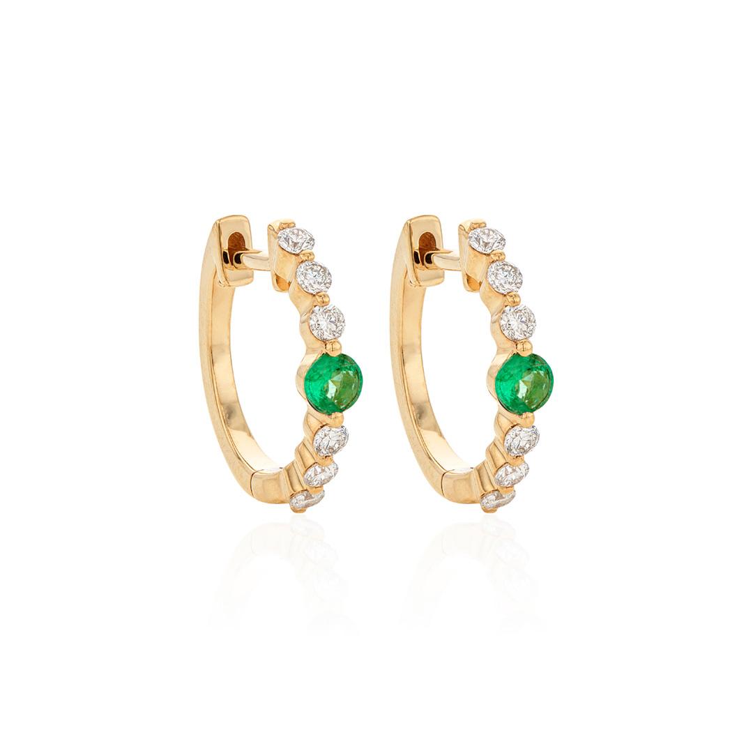 Yellow Gold Shared Prong Diamond Huggie Hoops with Emerald Center 0