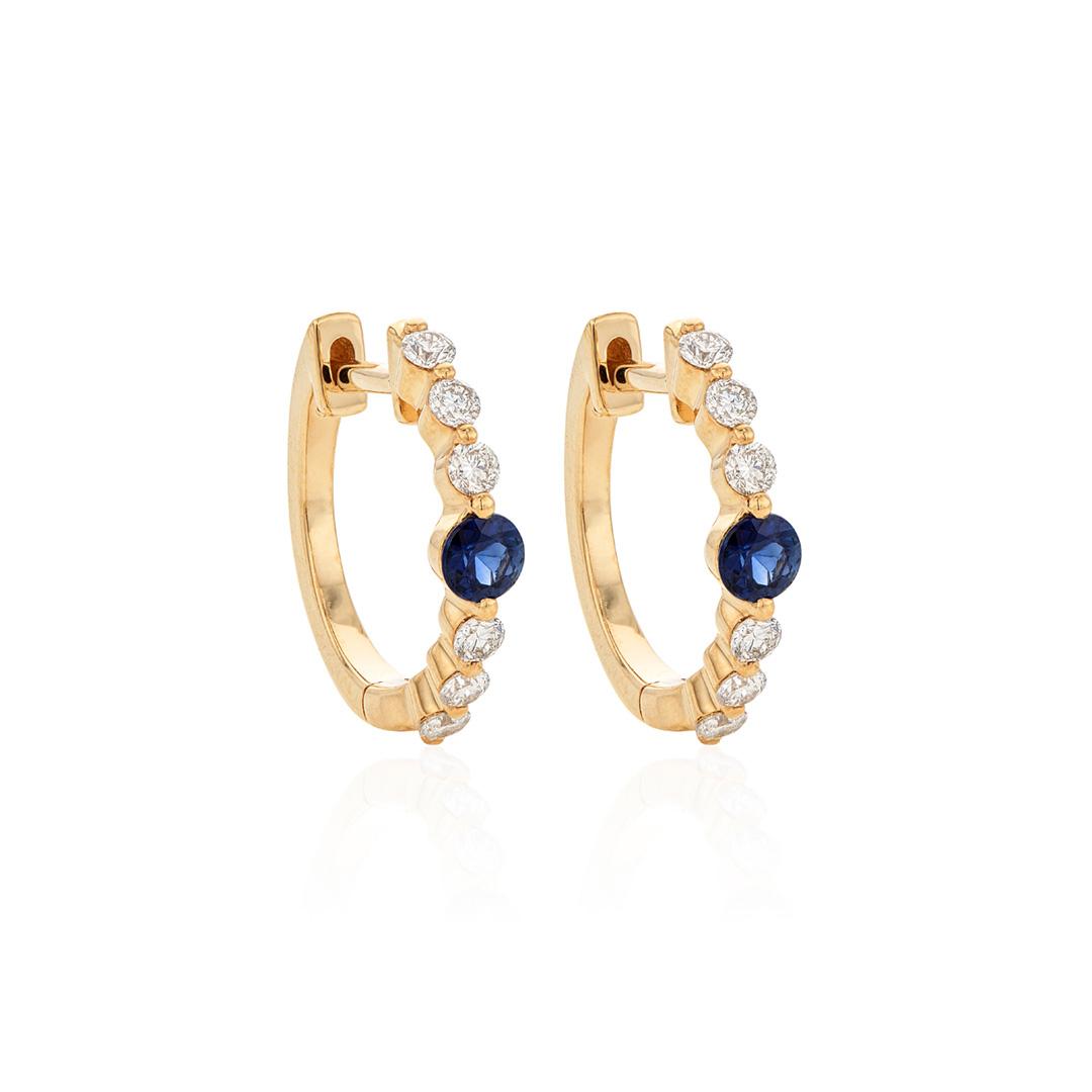 Yellow Gold Shared Prong Diamond Huggie Hoops with Sapphire Center