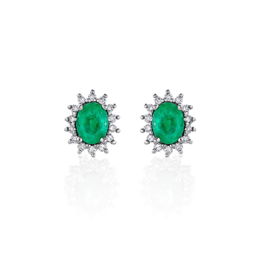 Oval Emerald Diamond Halo White Gold Stud Earrings 0