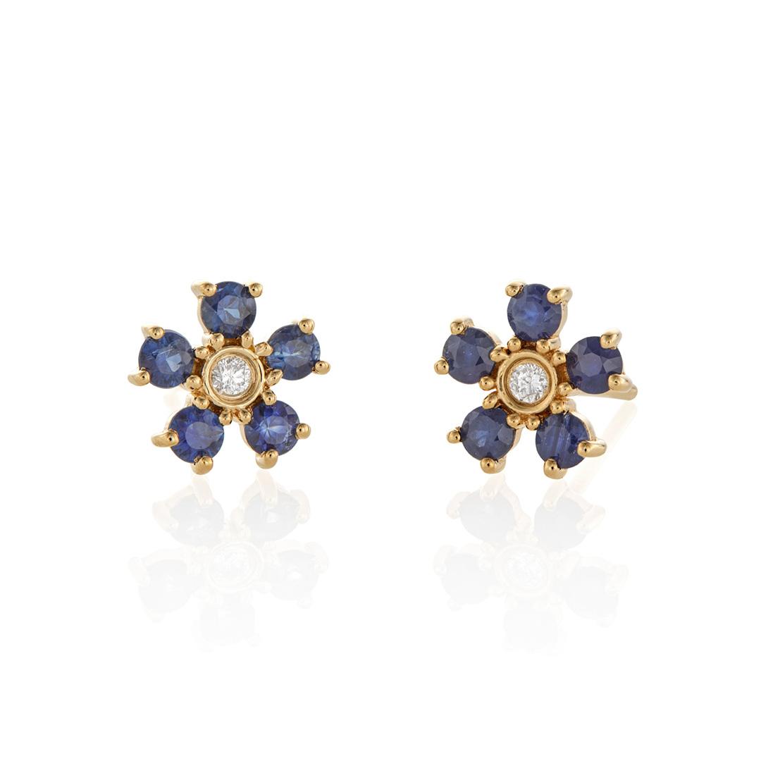 Sapphire and Diamond Yellow Gold Flower Stud Earrings