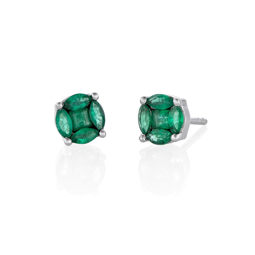 White Gold Emerald Cluster Stud Earrings 0