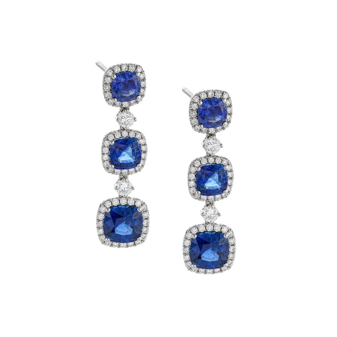 Triple Tier Cushion Sapphire and Diamond Earrings