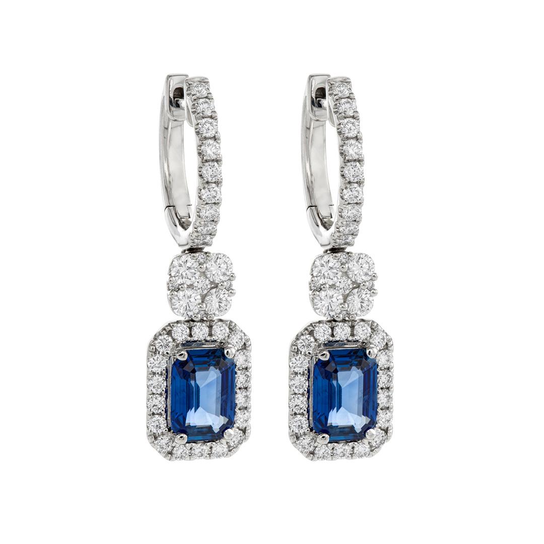 Emerald Cut Sapphire Drop Earrings with Pave Diamond Halo and Cluster 0