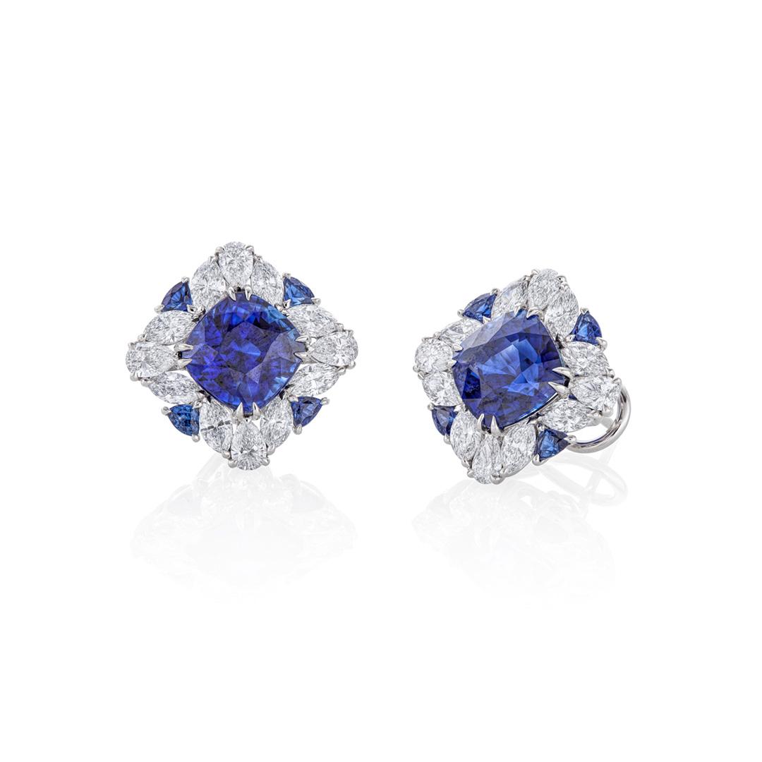 Sapphire and Diamond Large White Gold Stud Earrings