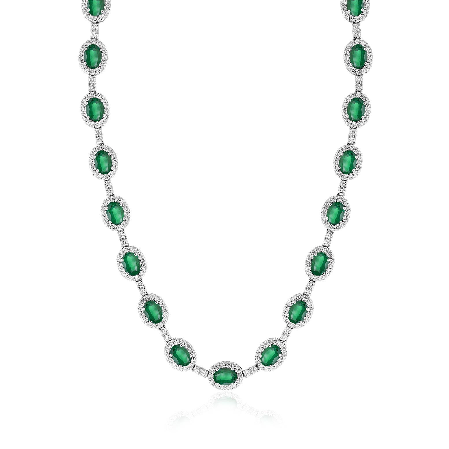 White Gold Oval Emerald & Diamond Bar Necklace