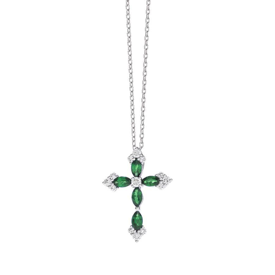 Emerald and Diamond White Gold Cross Pendant Necklace