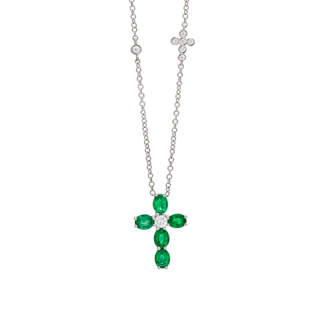 Emerald and Diamond Two-Cross Necklace