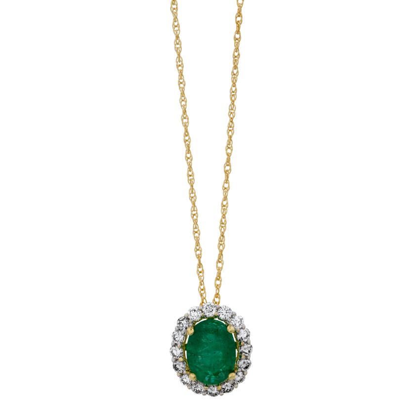 Yellow & White Gold 1.67ct Oval Emerald & Diamond Halo Pendant Necklace
