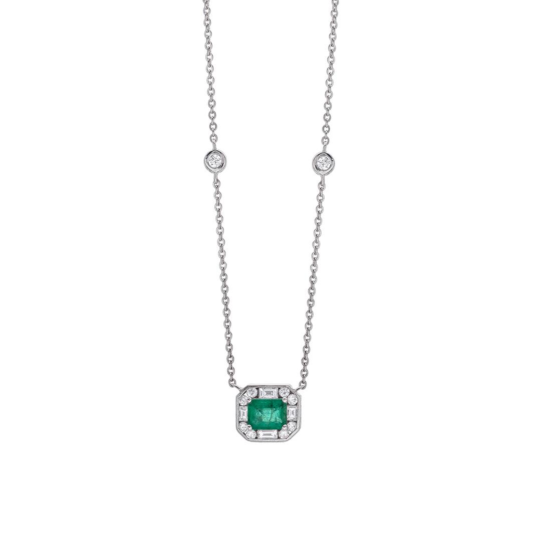 Emerald Cut Emerald and Diamond White Gold Necklace