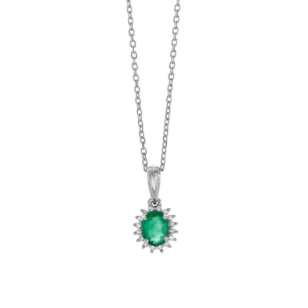 Oval Emerald and Diamond White Gold Pendant Necklace