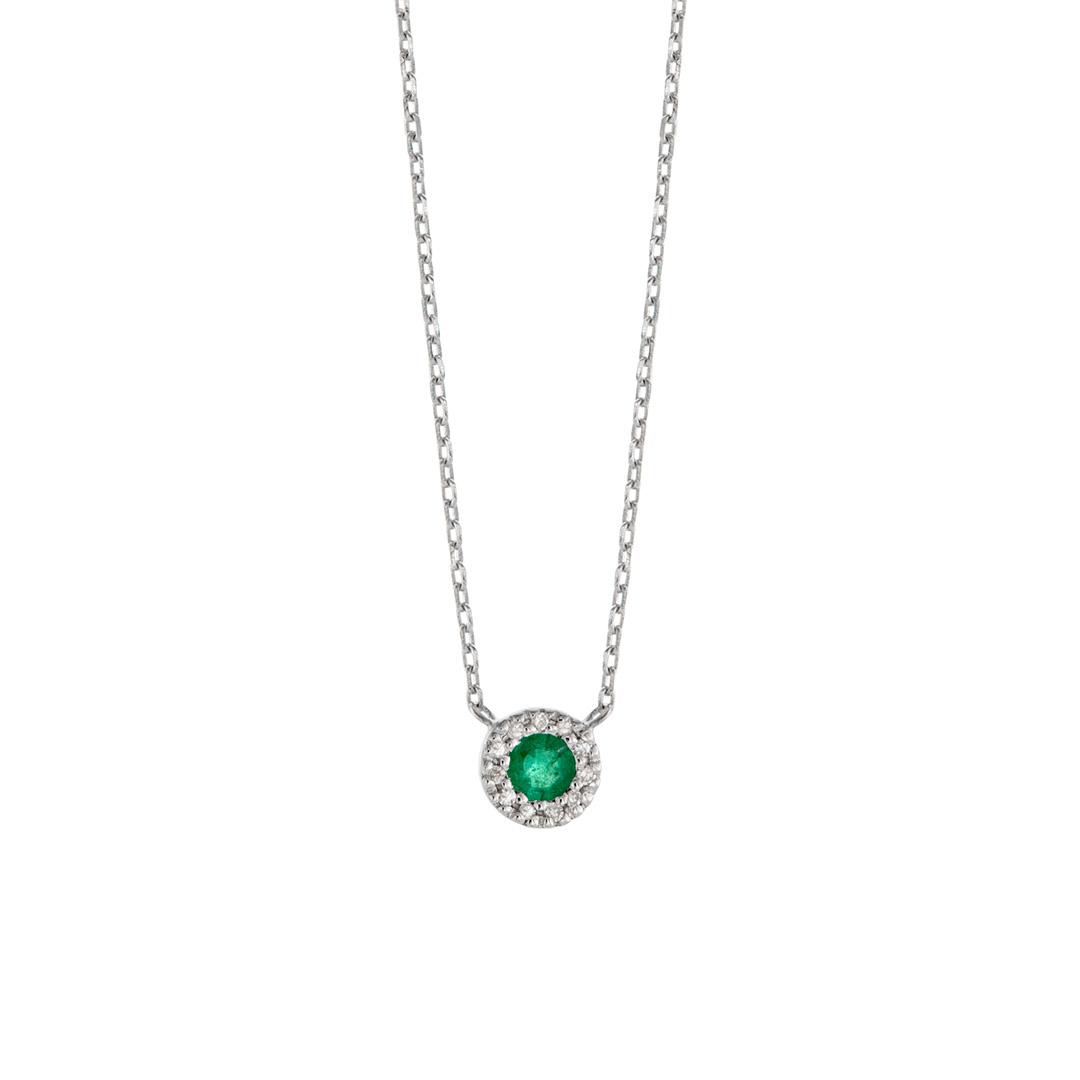 Dainty Diamond and Emerald Halo Pendant Necklace