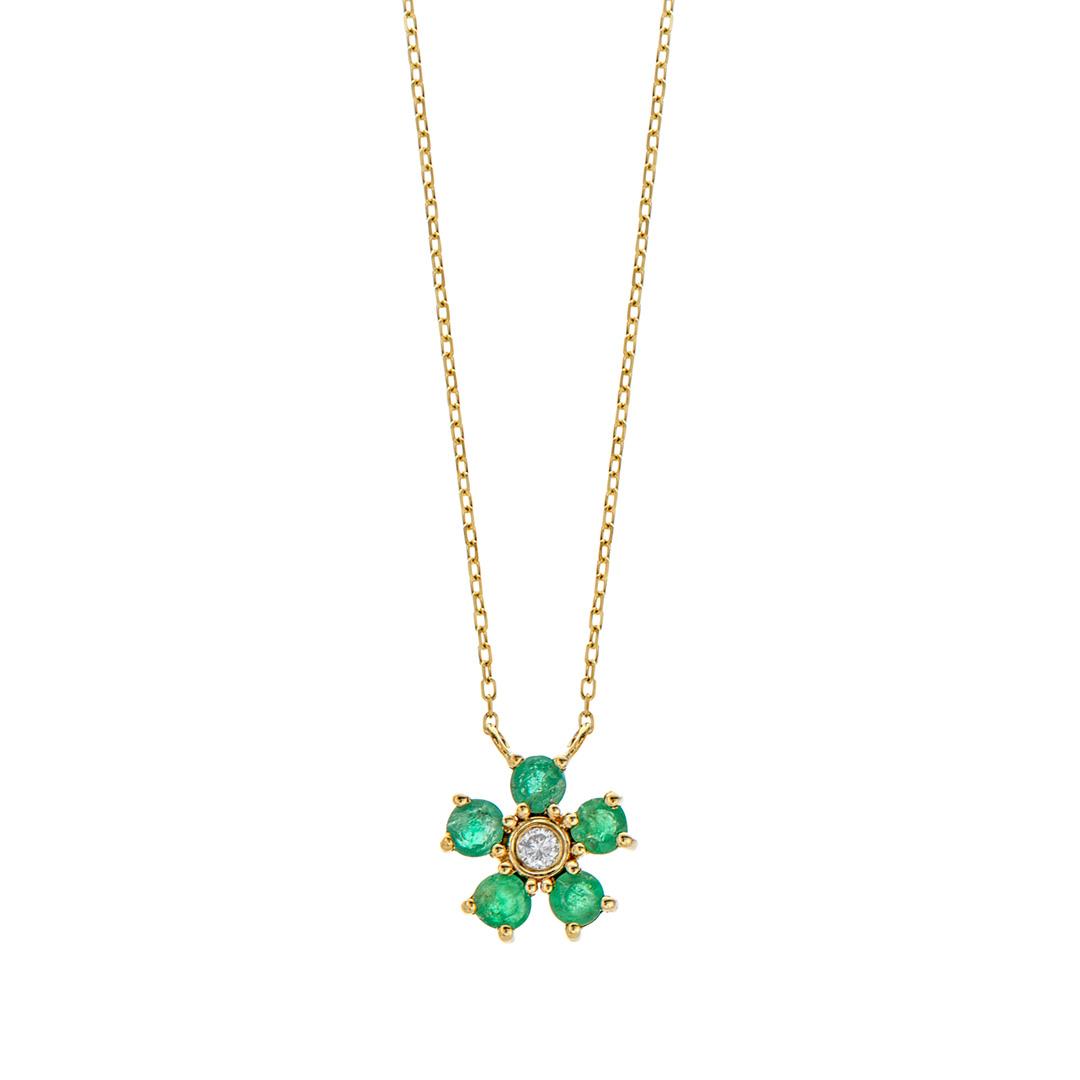 Emerald and Diamond Yellow Gold Flower Pendant Necklace