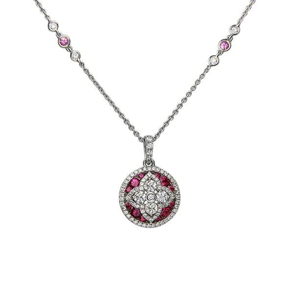 Charles Krypell Ruby Diamond Quatrefoil Round Pendant Necklace