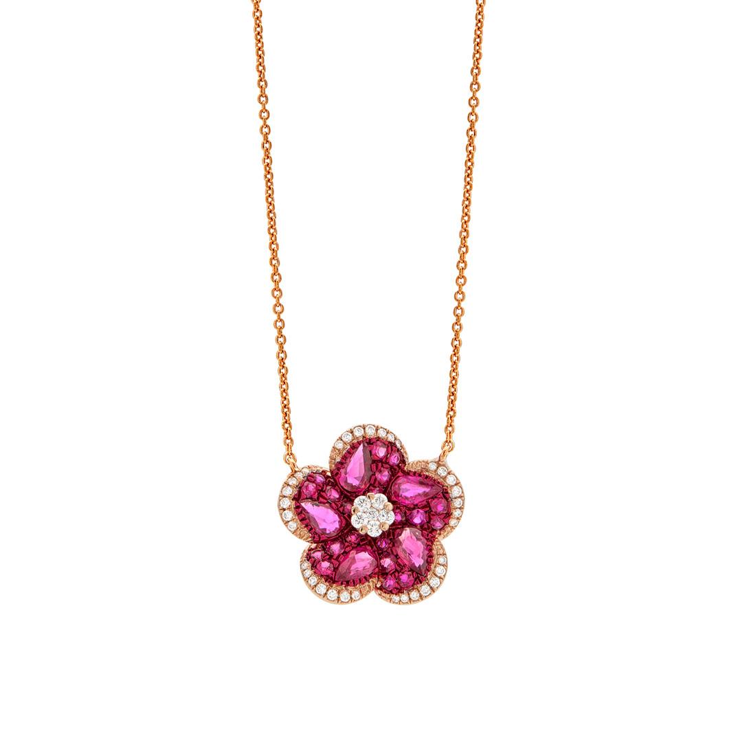 Ruby and Diamond Rose Gold Flower Necklace