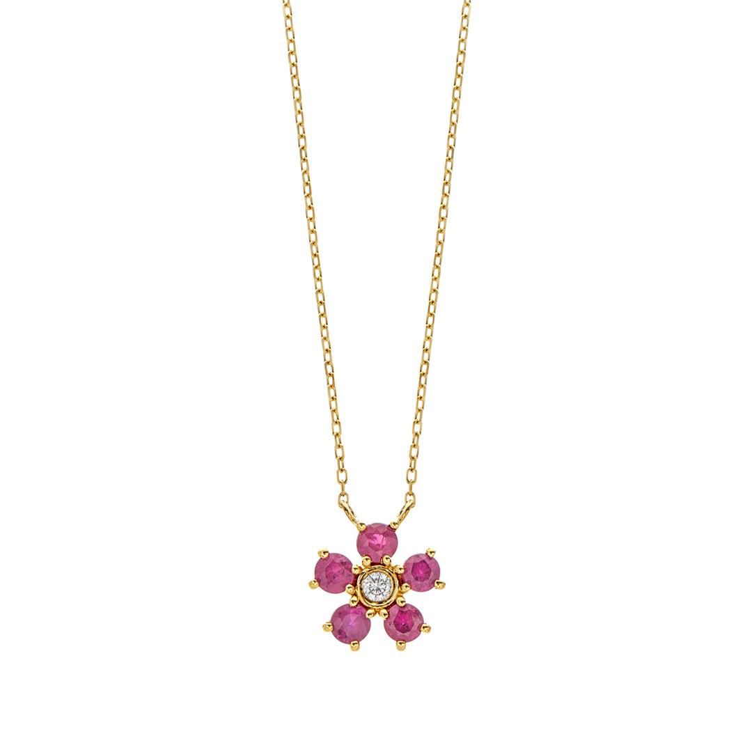 Ruby and Diamond Yellow Gold Flower Pendant Necklace