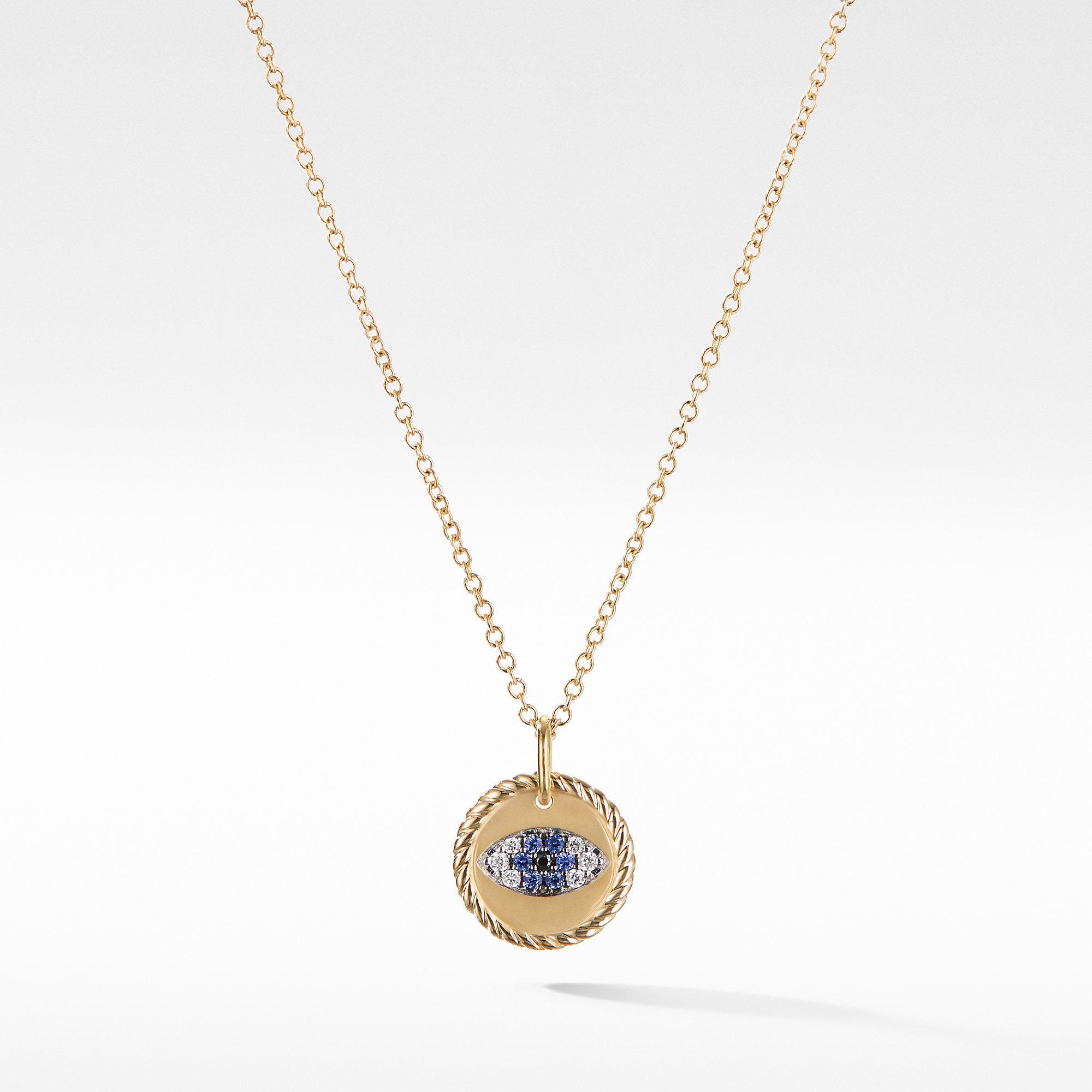 David Yurman Cable Collectibles Evil Eye Charm Necklace with Blue Sapphire, Black Diamonds, and Diamonds in Gold
