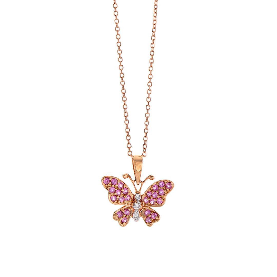 Rose Gold, Pink Sapphire & Diamond Butterfly Pendant Necklace