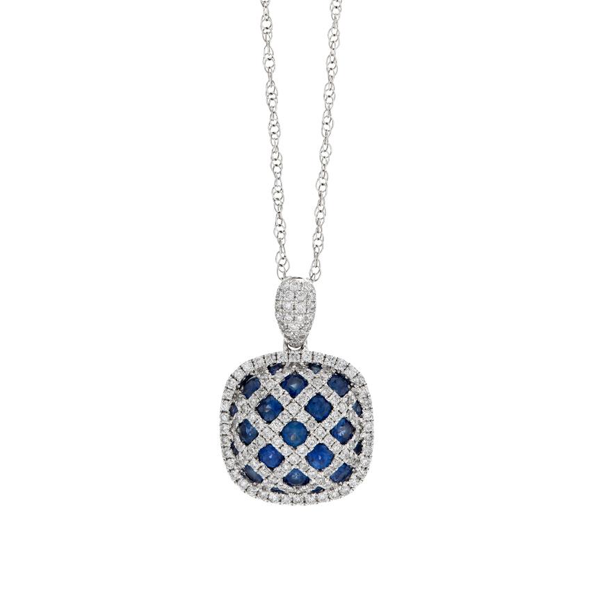 White Gold Diamond & Sapphire Lattice Style Pendant Necklace