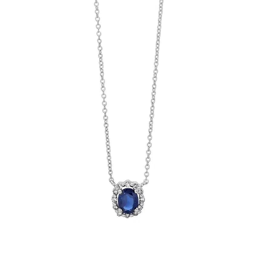 Oval Sapphire Pendant Necklace with Diamond Halo