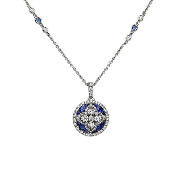 Charles Krypell Sapphire Diamond Quatrefoil Round Pendant Necklace