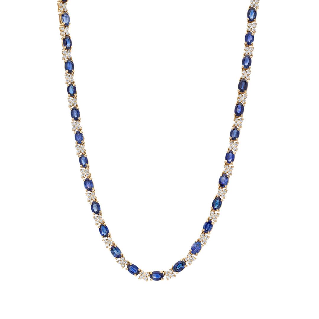 Yellow Gold Oval Sapphire & Round Diamond Cluster Necklace