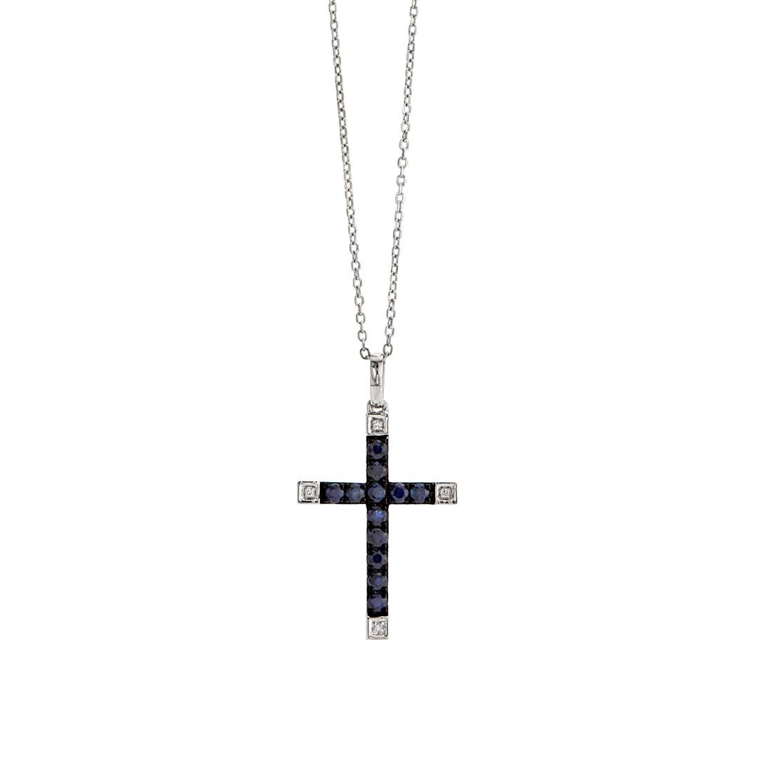 Sapphire and Diamond White Gold Cross Necklace
