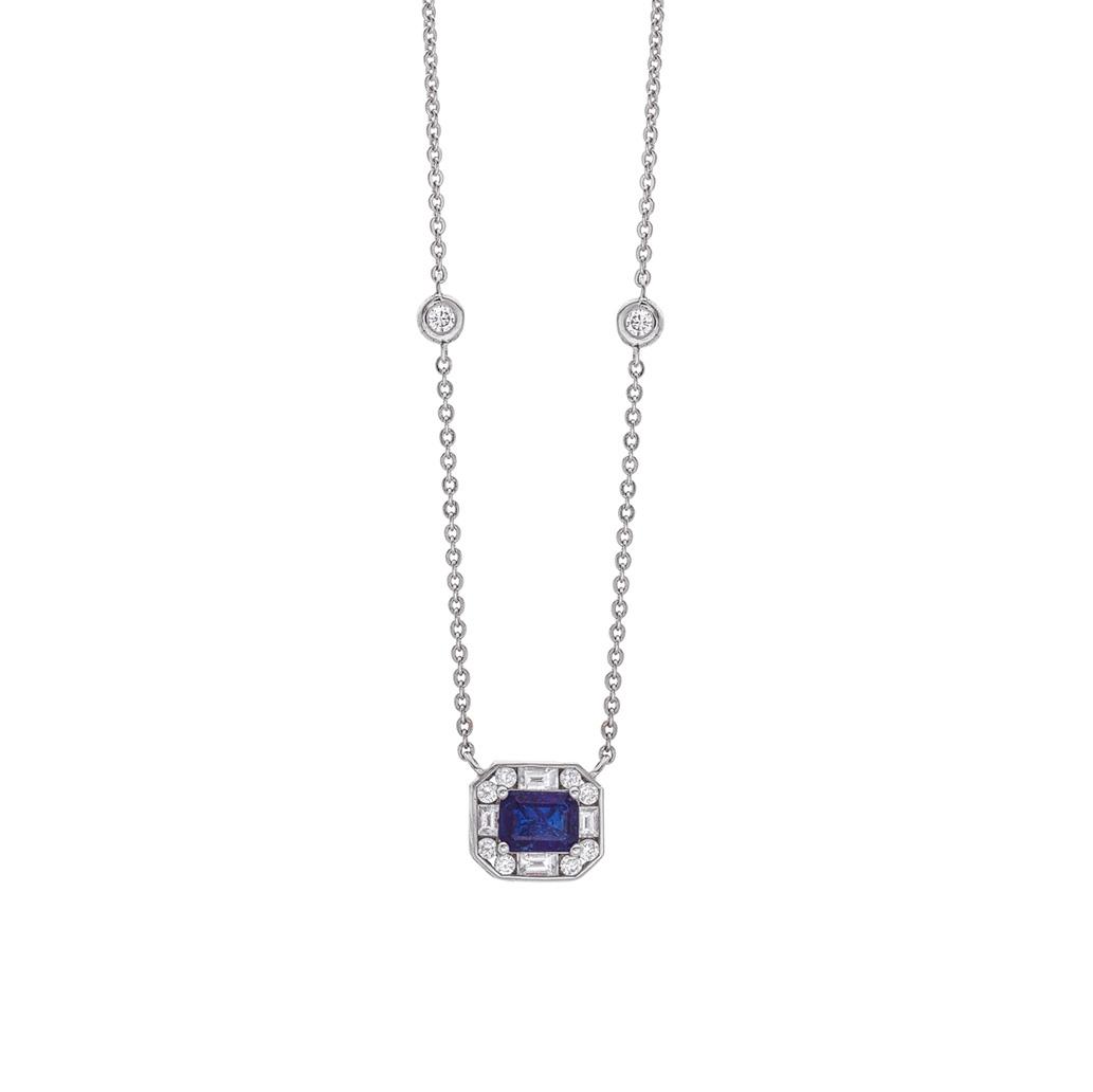 Emerald Cut Sapphire and Diamond White Gold Necklace