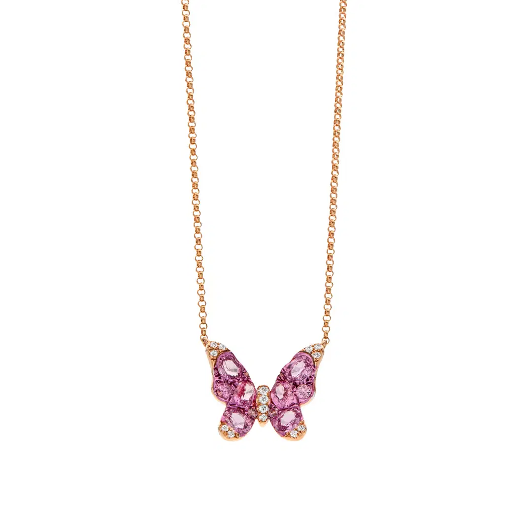 Pink Sapphire and Diamond Rose Gold Butterfly Necklace