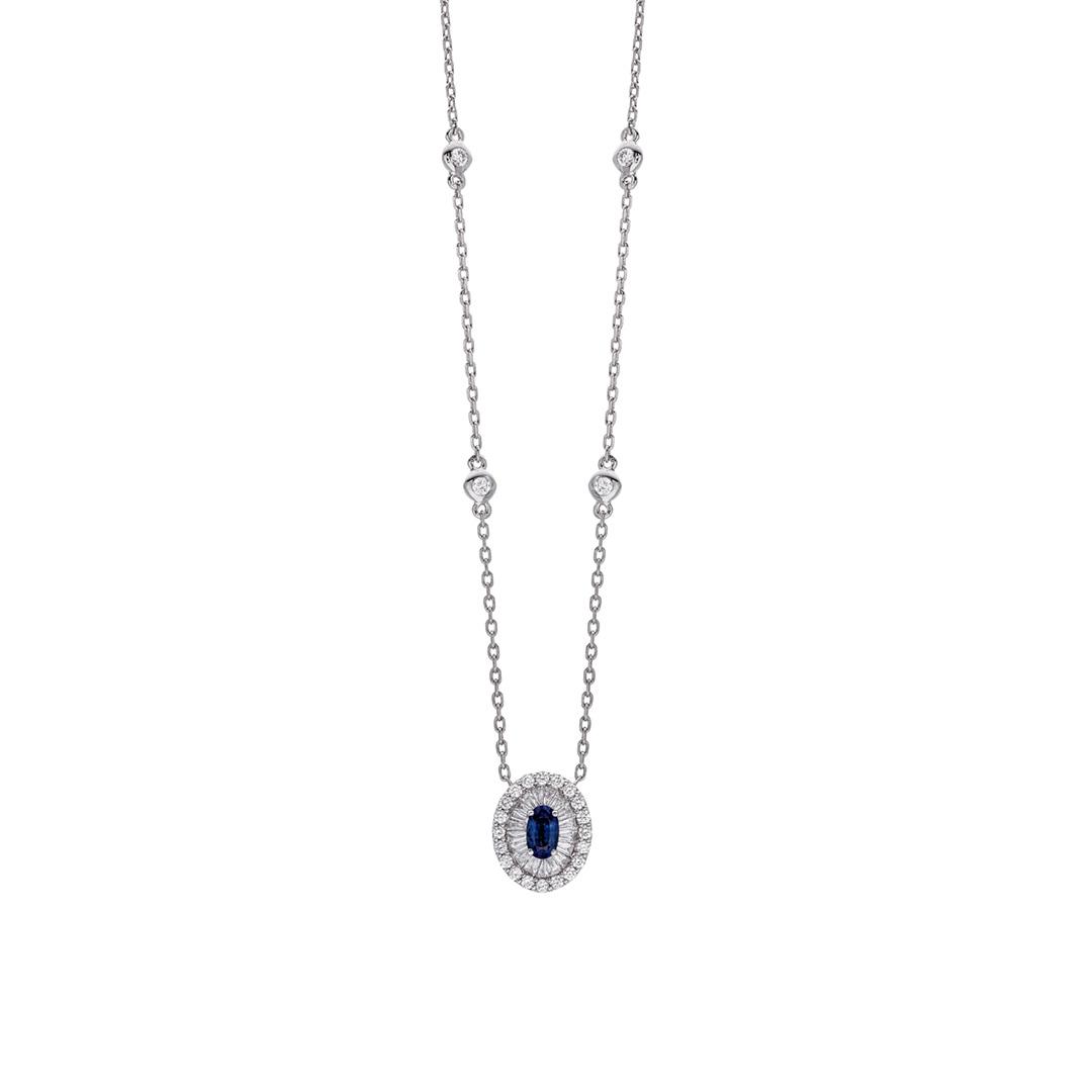 Double Halo Oval-Shape Sapphire and Diamond Necklace