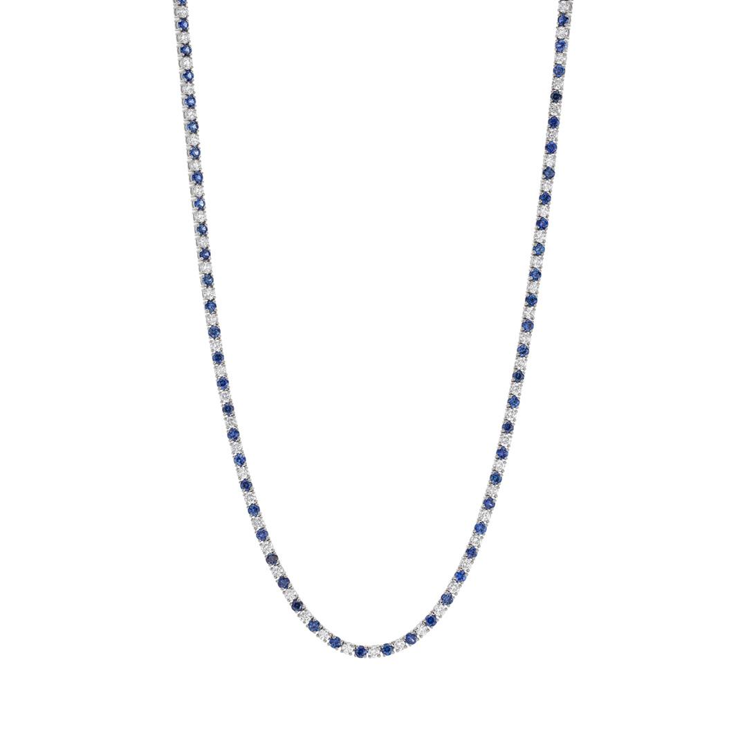 Blue Sapphire and Diamond White Gold Tennis Necklace