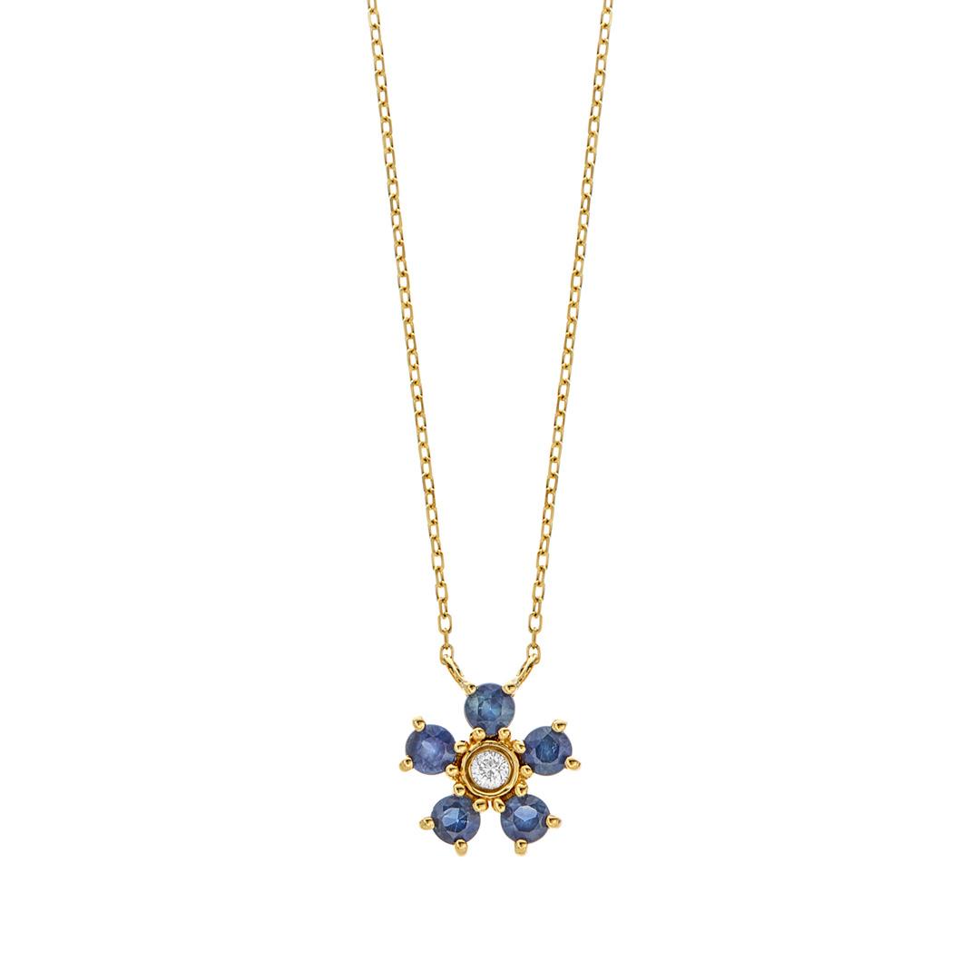 Sapphire and Diamond Yellow Gold Flower Pendant Necklace