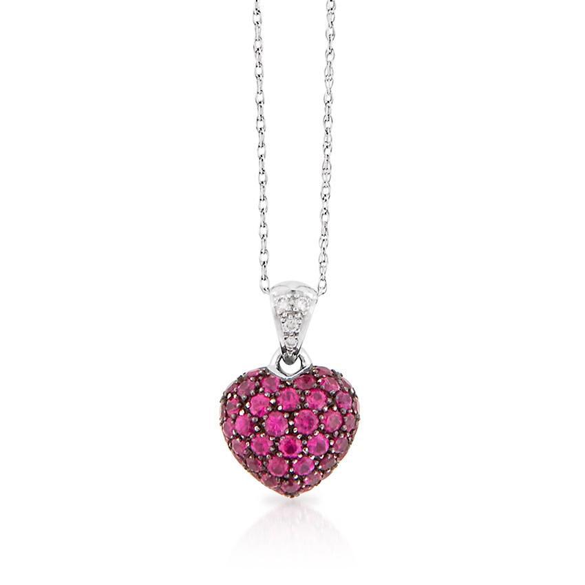 White Gold Ruby & Diamond Heart Pendant Necklace