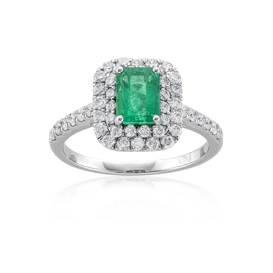 Emerald Ring with Double Stair Step Diamond Halo