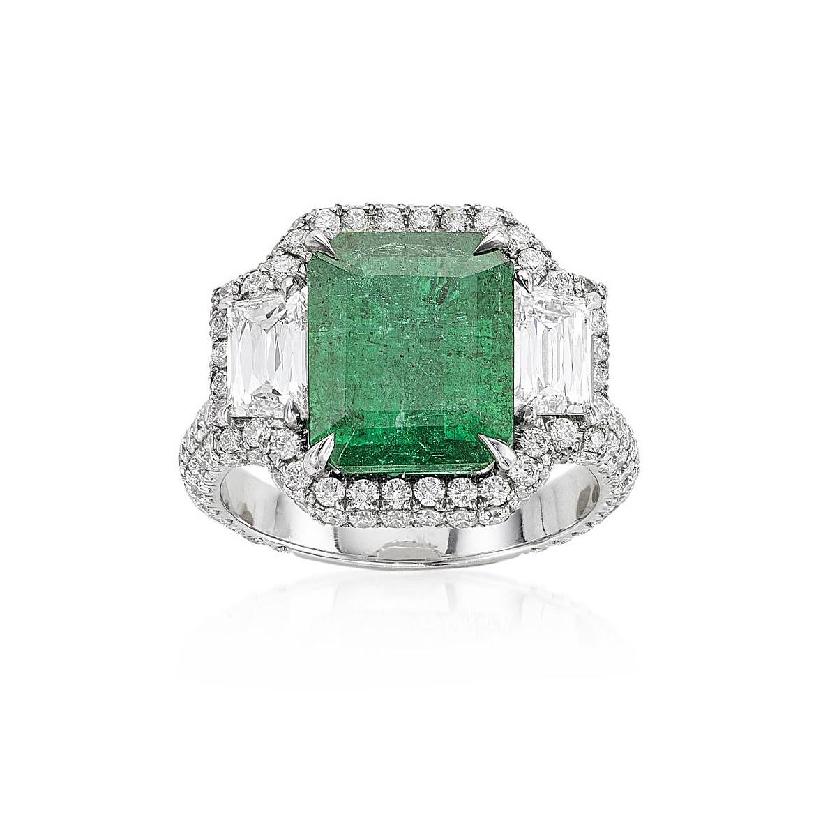 Emerald Cut 3.93 CT Emerald Platinum Ring with Diamonds