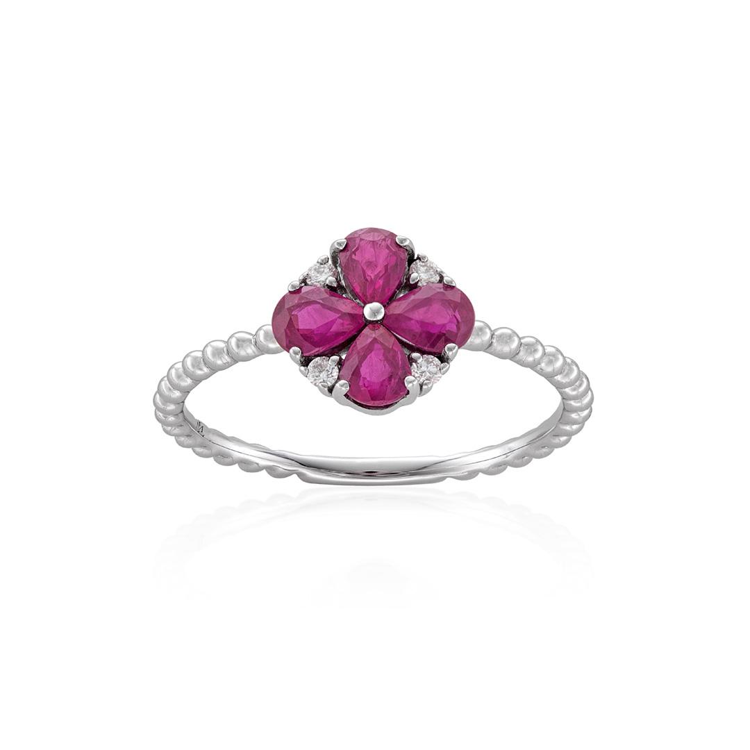 Ruby and Diamond Clover Beaded Stackable Ring