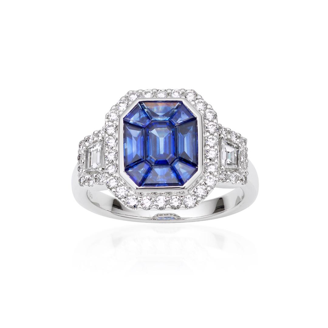 Octagonal Sapphire Cluster Halo Ring