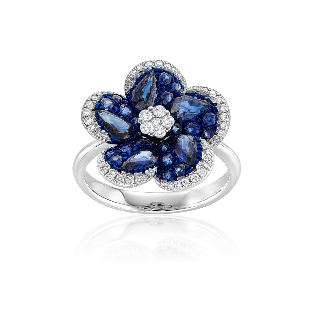 Sapphire and Diamond White Gold Flower Ring 0
