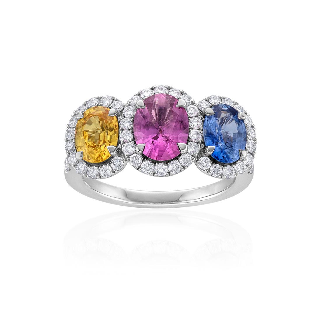 Tri-Color Oval Sapphire and Diamond Halo Ring